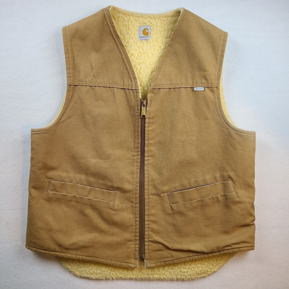 Vintage Carhartt Sherpa Lined Duck Canvas Work Vest Tan USA Made Men's Large